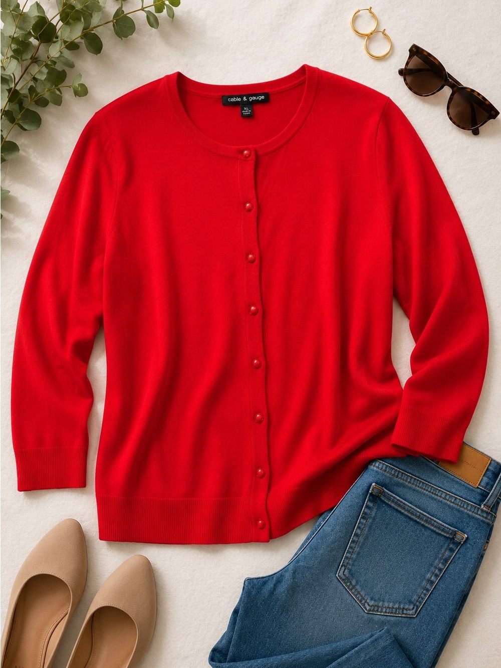 Cable & Gauge Red Lightweight Button Front Cardigan XL 3/4 Sleeve - Picture 2 of 6